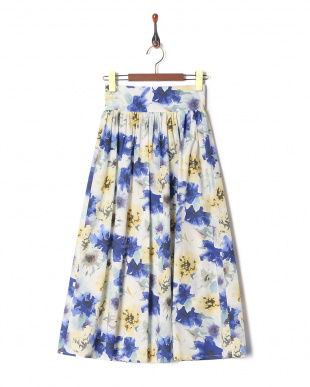 ブルー 綿ローン水彩花柄プリントスカートを見る